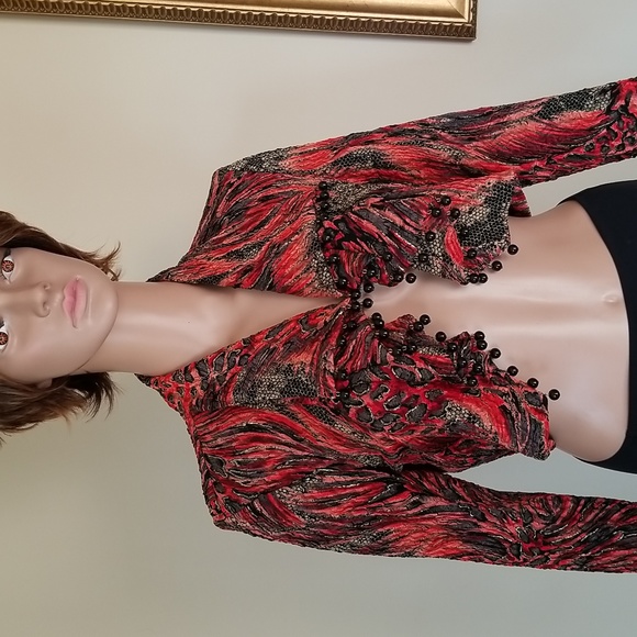 Joseph Ribkoff Vintage Croptop Beaded Bolero Jacket Top Wrap / Sz 6 / Red, Black - Picture 4 of 16